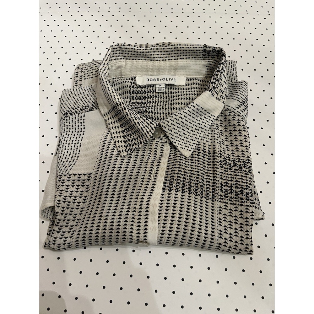 Rose + Olive Geometric Button-Up Blouse Women's Medium Minimalist Black Taupe